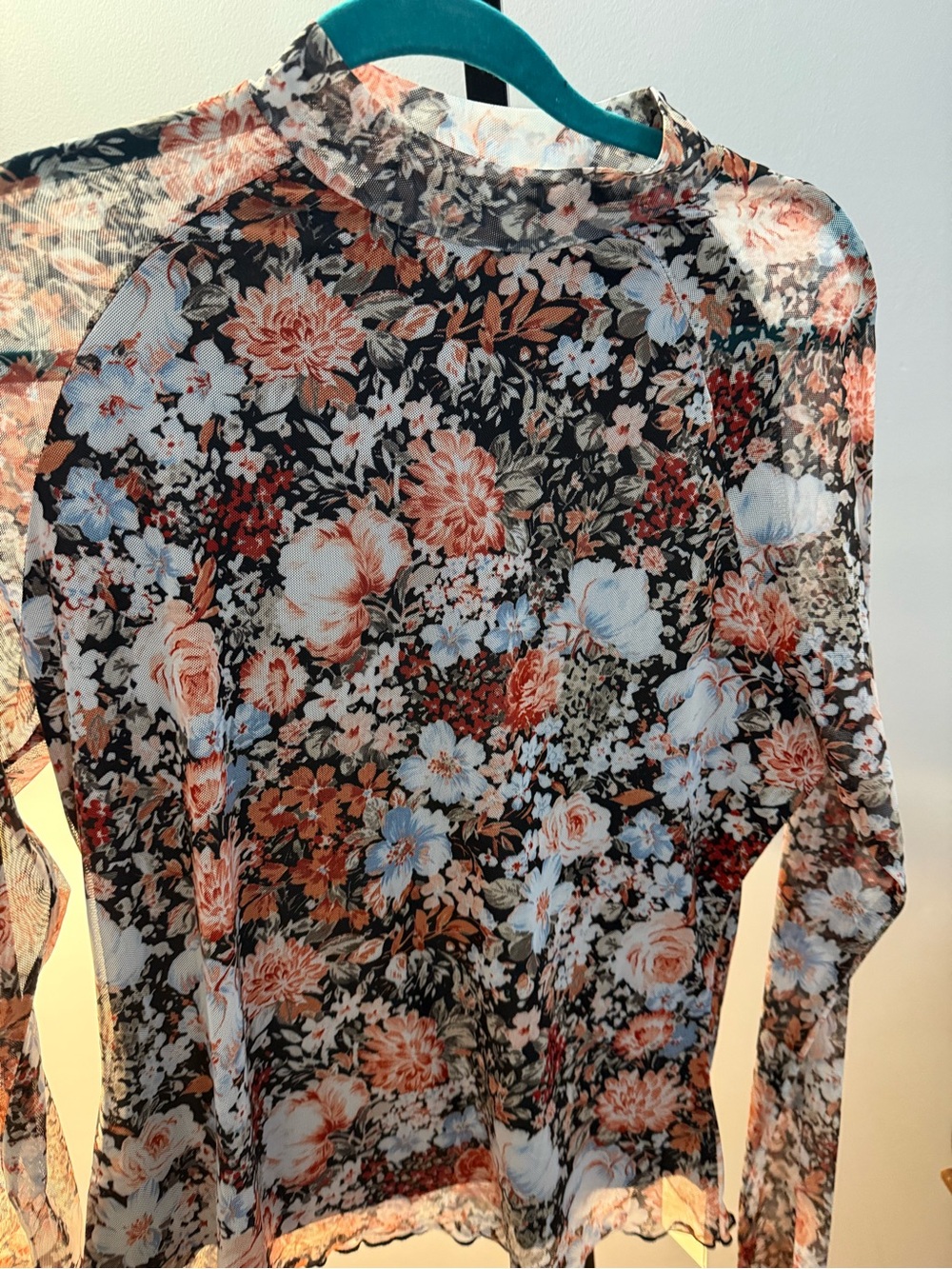 Floral Mesh Long Sleeve Top - Black with Coral & White Flowers